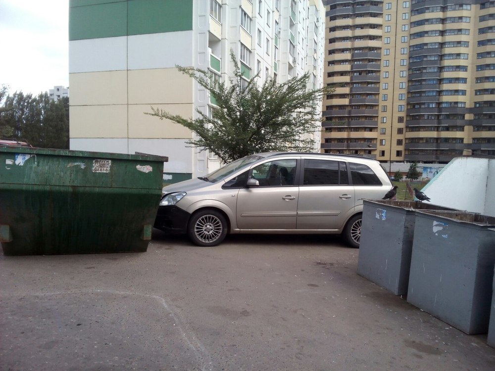 Коммунальщики обложили мусорными баками неправильно припаркованный в Воронеже автомобиль