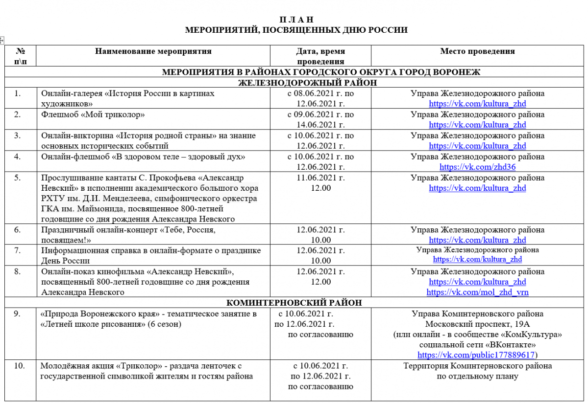 План мероприятий празднования дня россии