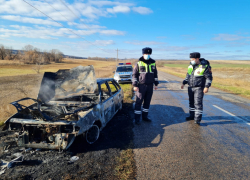 Воронежские полицейские потушили загоревшийся автомобиль на сельской трассе
