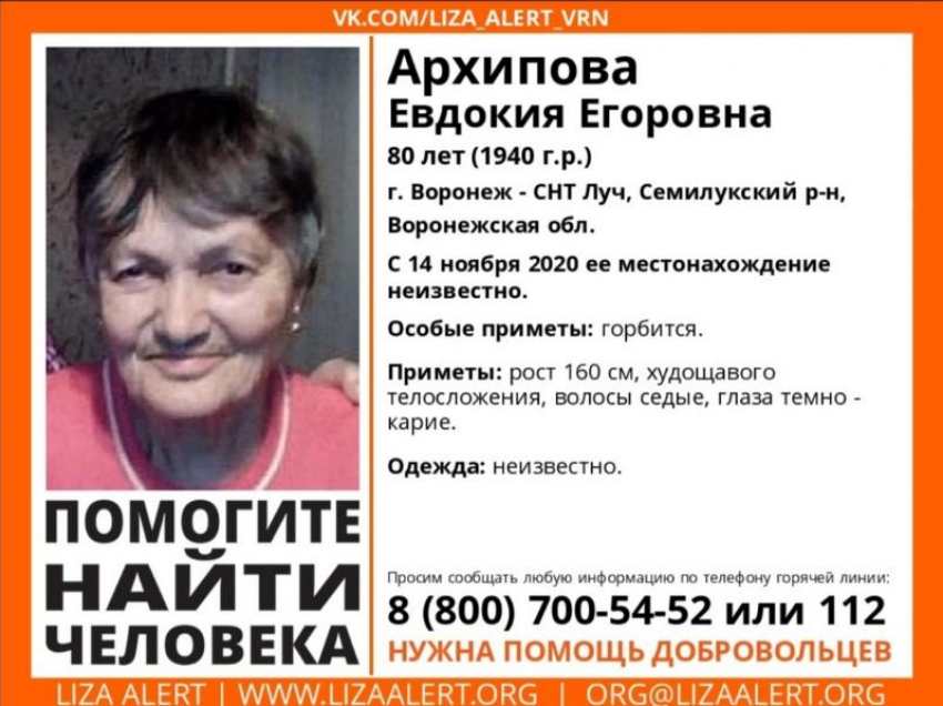 В Воронеже уже почти две недели ищут пропавшую 80-летнюю женщину