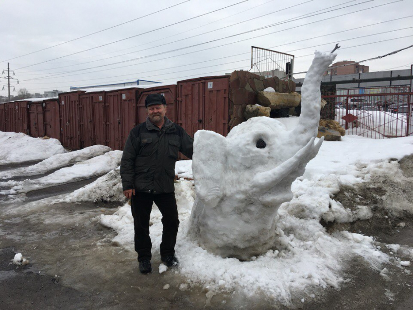 Воронежец на прощание с зимой слепил снежного слона