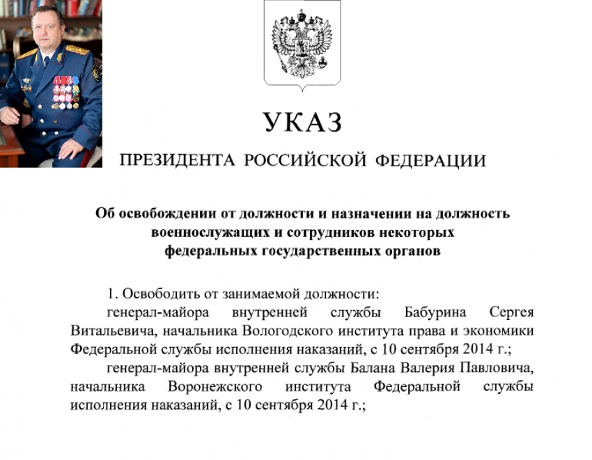 Путин освободил от должности воронежского начальника института ФСИН 