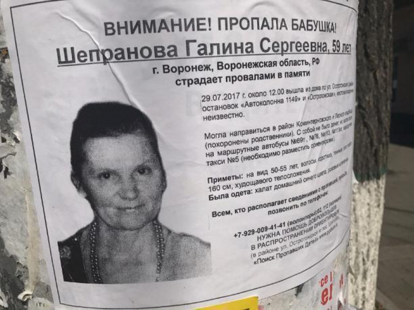 В Воронеже срочно требуются волонтеры для поисков пропавшей женщины с провалами памяти