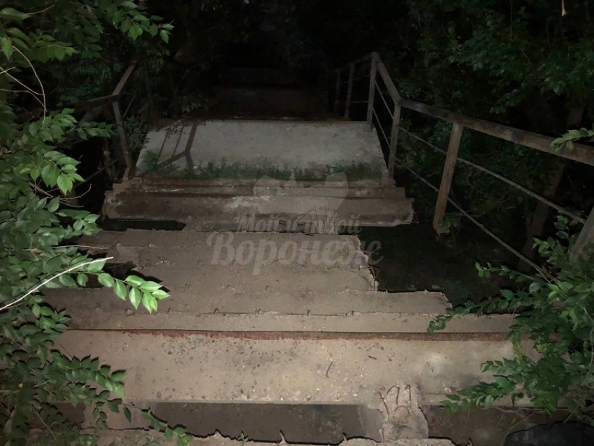 «Чудом никто не разбился»: ужасное состояние лестницы на Вогрэсовском мосту показали воронежцы