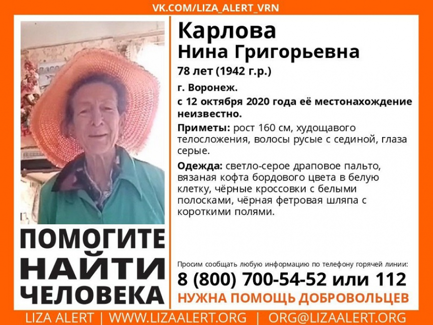 Пенсионерку в шляпе и кроссовках разыскивают в Воронеже