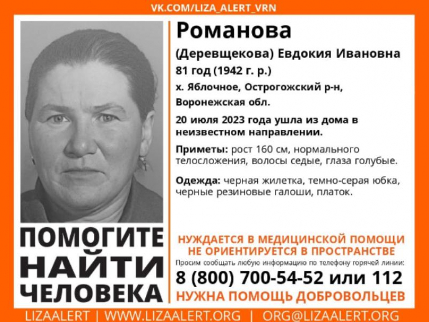 Ушла из дома и не вернулась: в Воронежской области ищут пропавшую 81-летнюю женщину
