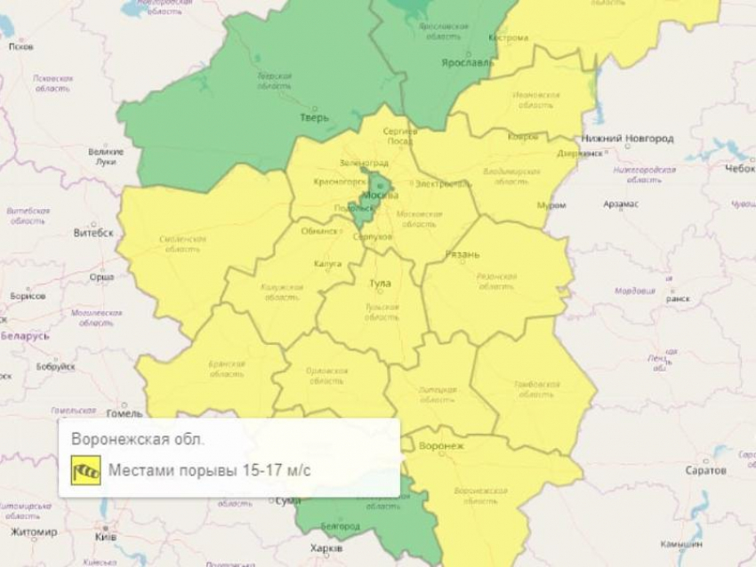 Жёлтый уровень опасности из-за погоды объявлен в Воронеже и области