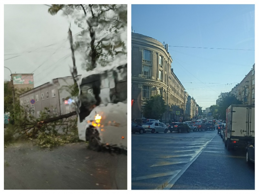 Последствия сильного ливня и урагана парализовали движение в центре Воронежа