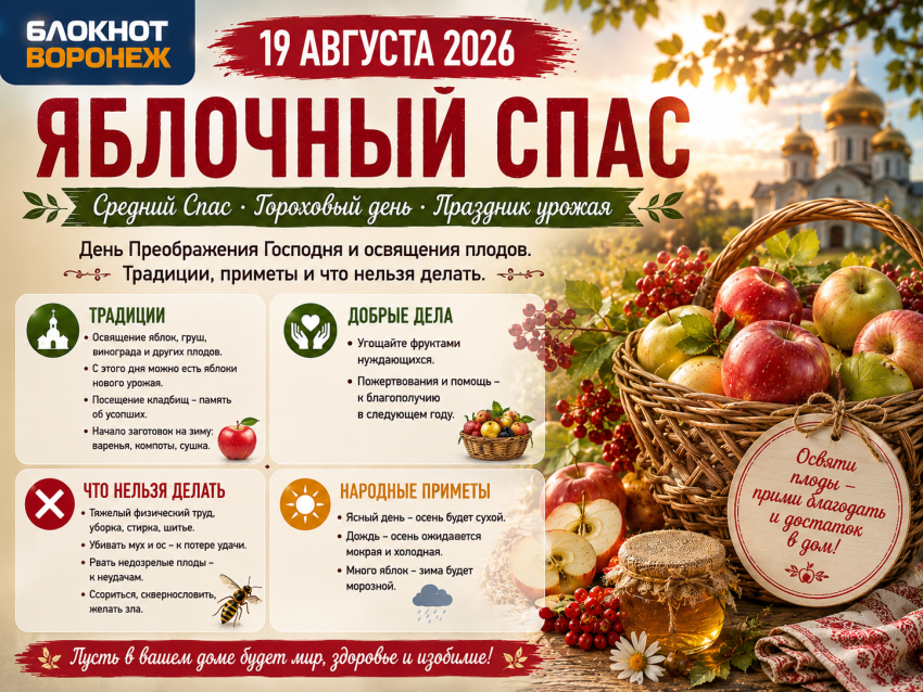 Яблочный Спас-2026 в Воронеже: традиции, приметы и что нельзя делать 19 августа