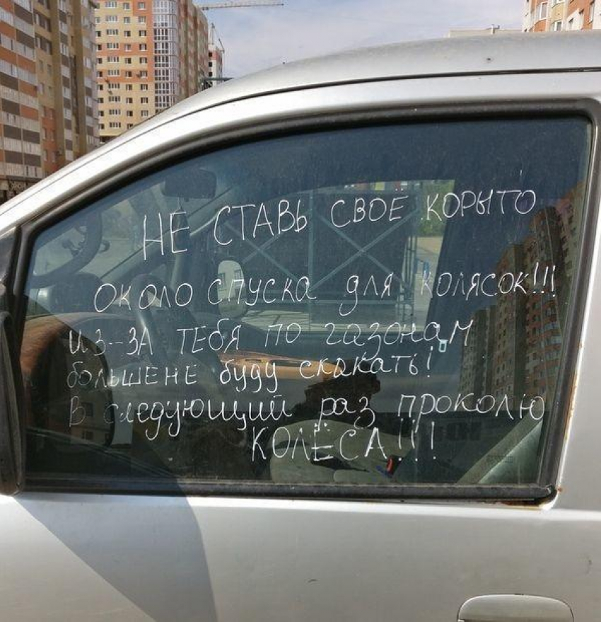 Недовольная припаркованной в Воронеже машиной мать оставила на стекле яростную запись