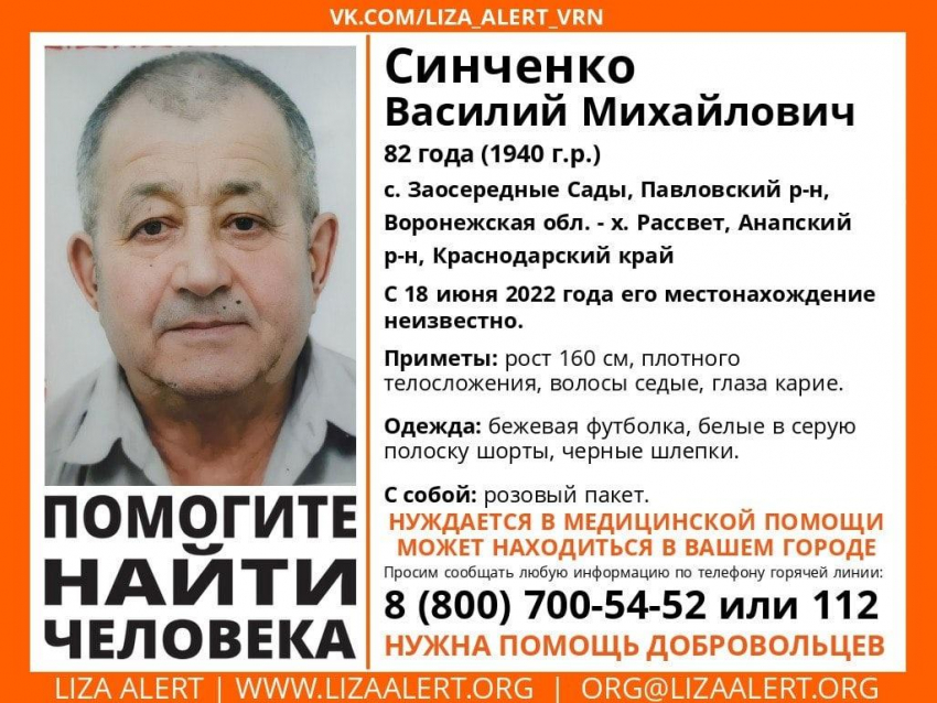 Пенсионер, нуждающийся в медицинской помощи, пропал в Воронежской области