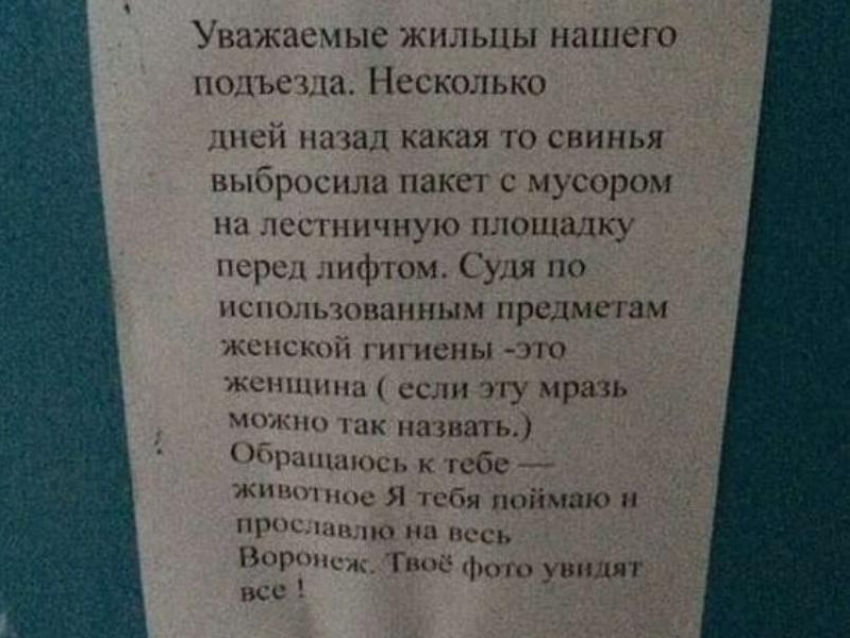Женская прокладка стала причиной соседской ненависти в Воронеже